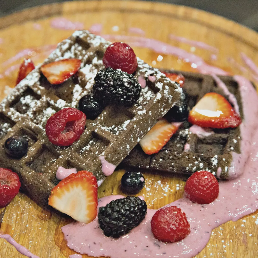 Dark Chocolate Waffle with Mixed Berry Yogurt for Complimentary Mom osas and more at Rhyme or Reason for Mother's Day Brunch