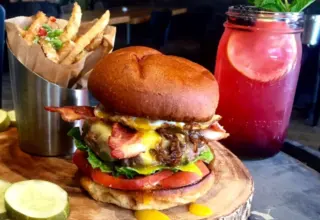 Day Night Burger half lb burger carmelized onions over easy egg avocado bacon provolone Blackberry Bourbon Lemonade for Veterans Day Dining Around Chicago