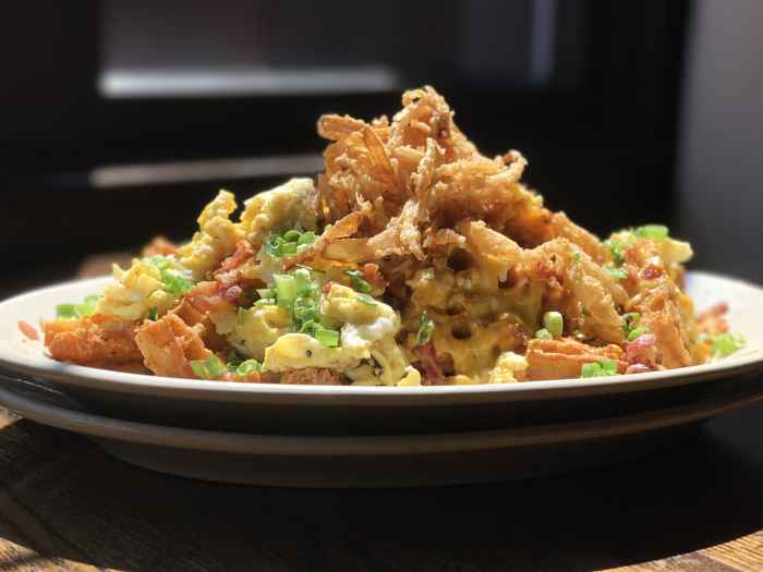 Waffle Breakfast Nachos for 2nd Annual New Year’s Day Pajamas Brunch at Rack House