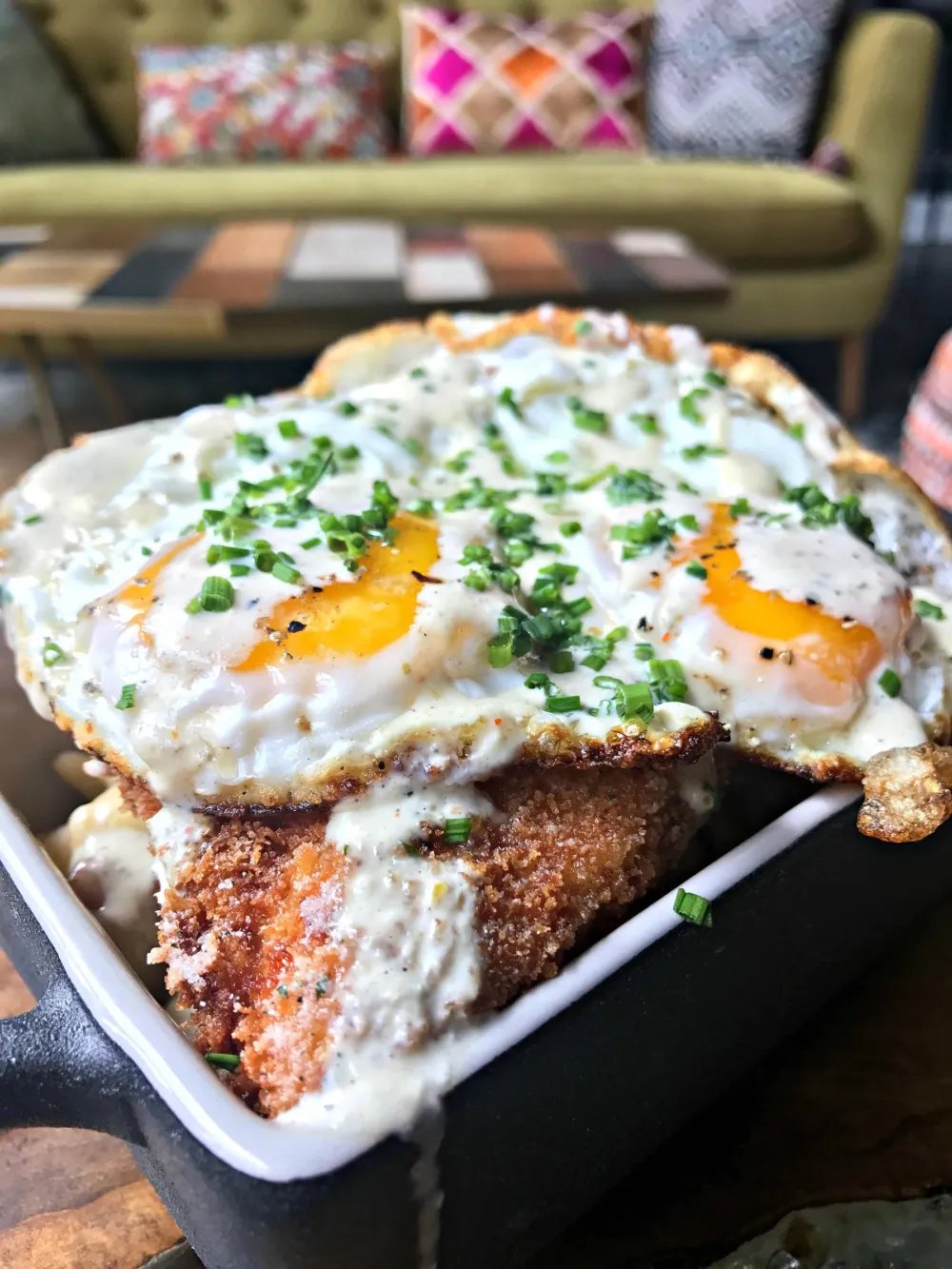 The Mac Daddy; roasted cherry tomatoes, grilled corn, bacon lardons, ranch bechamel sauce, panko crusted chicken, sunny side up eggs, grilled scallion ranch sauce for Labor YAY Weekend at Rhyme Or Reason
