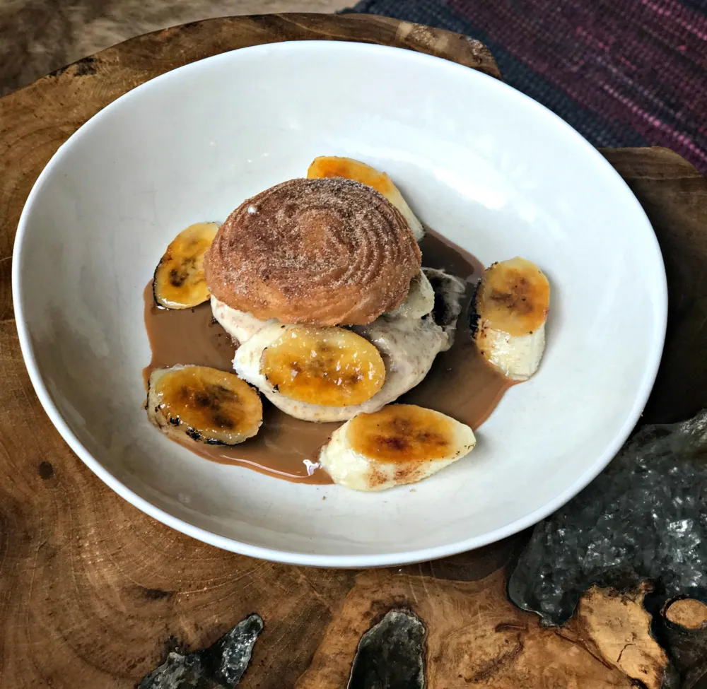 The Foxy Mama; house fried churros, dulce de leche, cheesecake mouse, brûléed bananas for Labor YAY Weekend at Rhyme Or Reason
