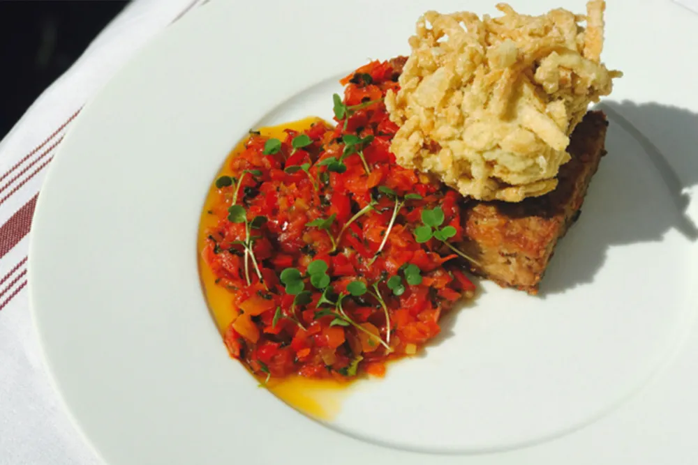 Potato encrusted rabbit, house sausage, pepper ragu, micro basil. All photo credits: Scott Schaden, Osteria Langhe Sous Chef for Osteria Langhe Hosts Spiaggia for "North Meets South" Italian Showcase