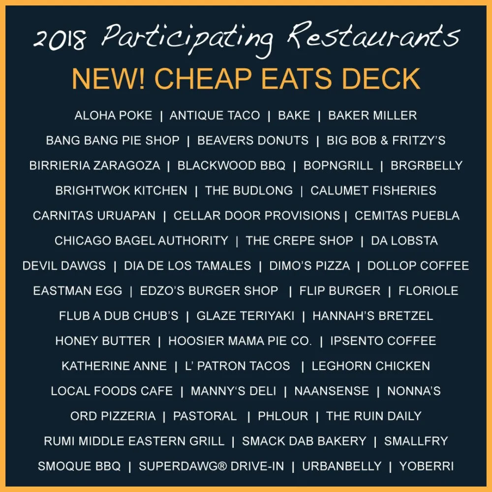 2018 Cheap Eats Restaurants for A la Card Chicago: NEW Cheap Eats Deck and 11th Annual Restaurant Deck Now Available