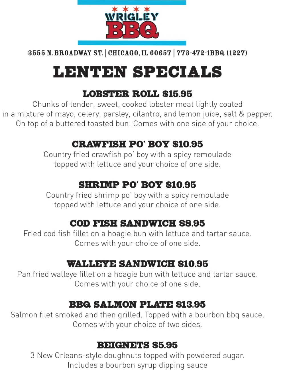 Wrigley Bbq Lenten Specials for Wrigley BBQ’s Lenten FRYdays