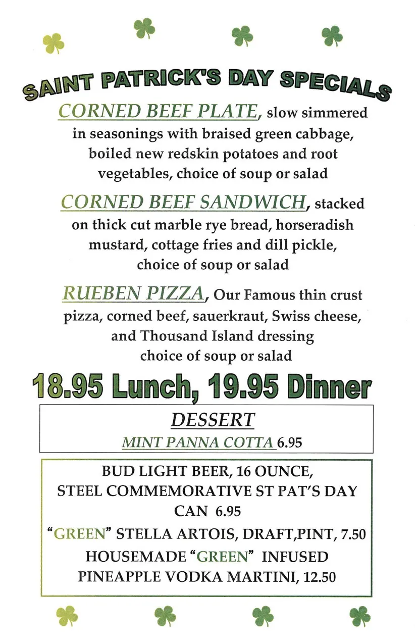 St Paddy Menu for Celebrate St. Patrick's Day at Italian Village