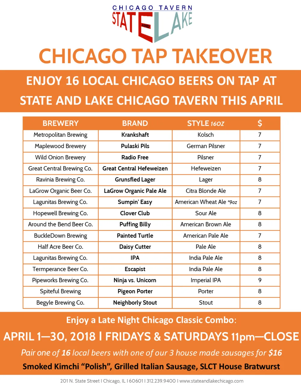 Tap Takeover Slct April 2018 for State and Lake Chicago Tavern Announces Tap Takeover in April