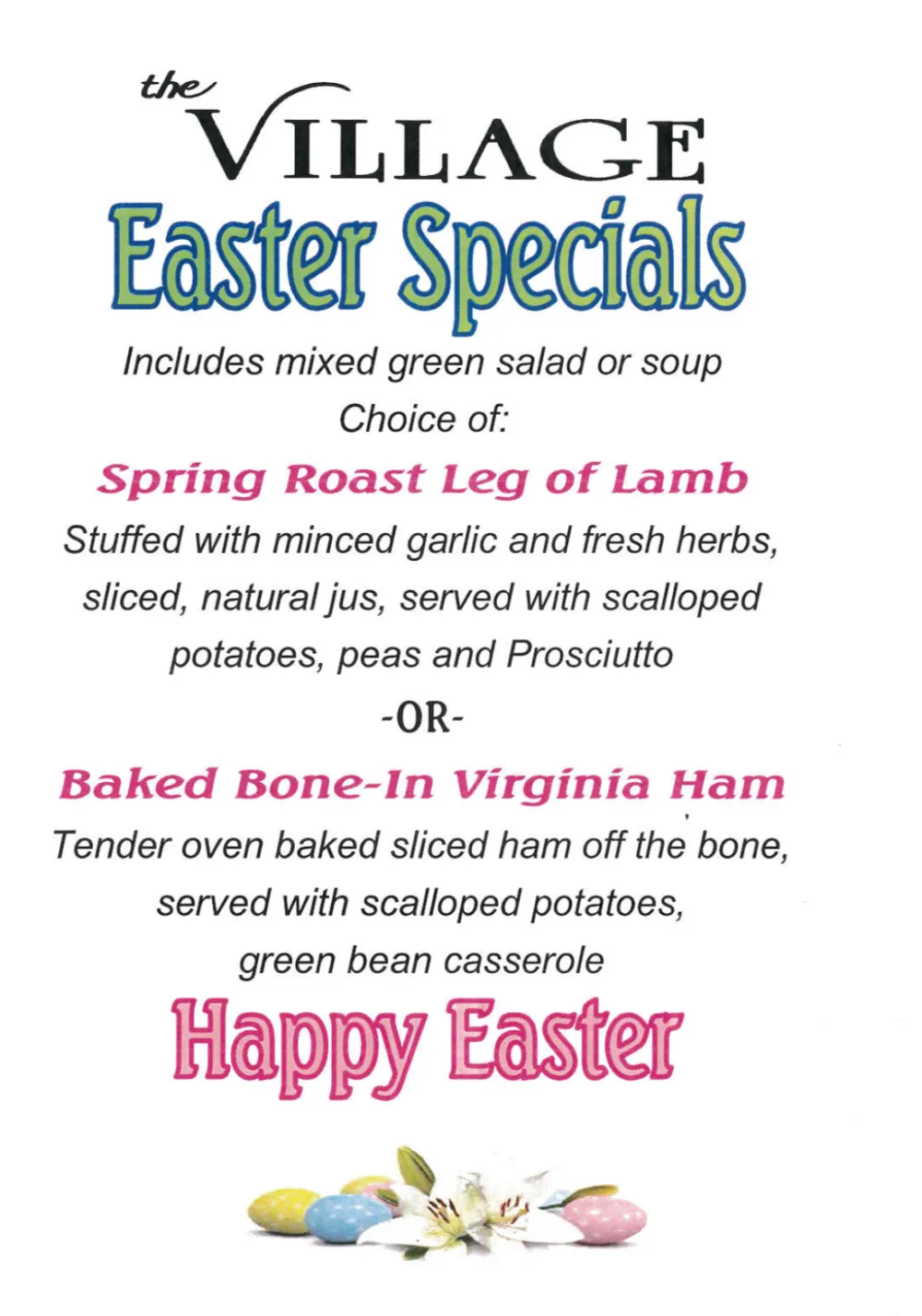 Easter Menu for Celebrate Easter at The Village