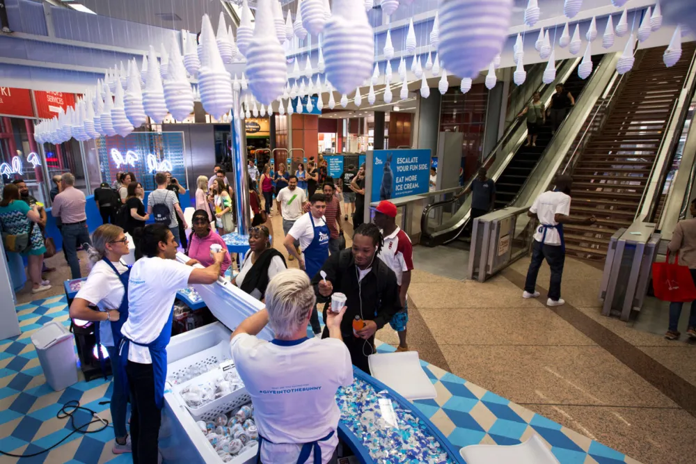 Cool down with Blue Bunny ice cream at the Thompson Center for Free Blue Bunny Ice Cream at Clark/Lake CTA Station All Week Long