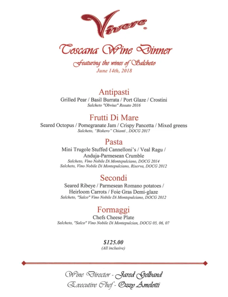 Toscana Wine Dinner Menu