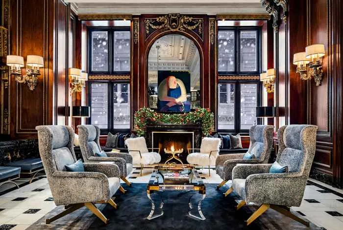 Lobby Fireplace Snow Garland Small 1 for Holiday Blues at The Blackstone