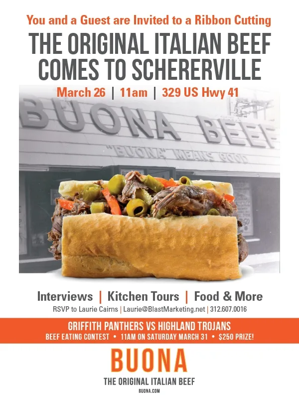 Buona Schererville Media Invite for Buona, The Original Italian Beef, Opens in Schererville, IN