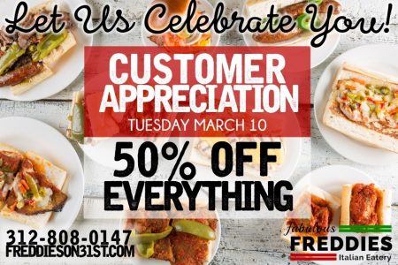 Fabulous Freddie’s Celebrates their Customers with 50% off the Entire Menu, 3/10