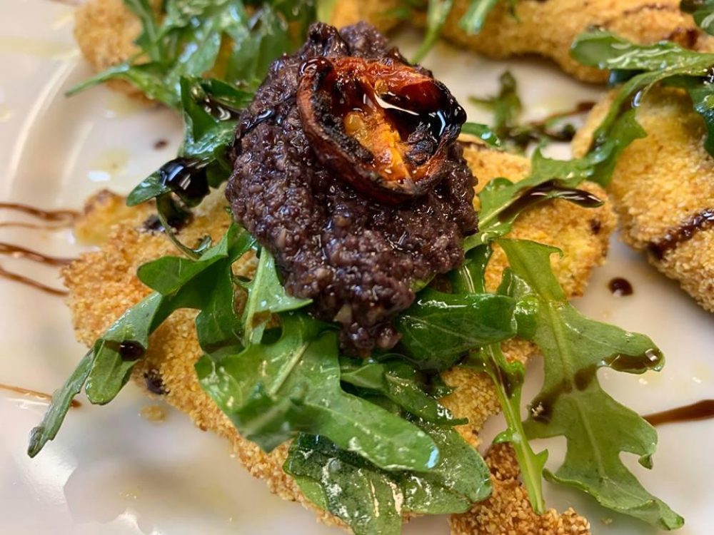 Fried Polenta Arugula Blitzed Kalamata Olive Charred Tomato Balsamic Glaze And Local Honey 1