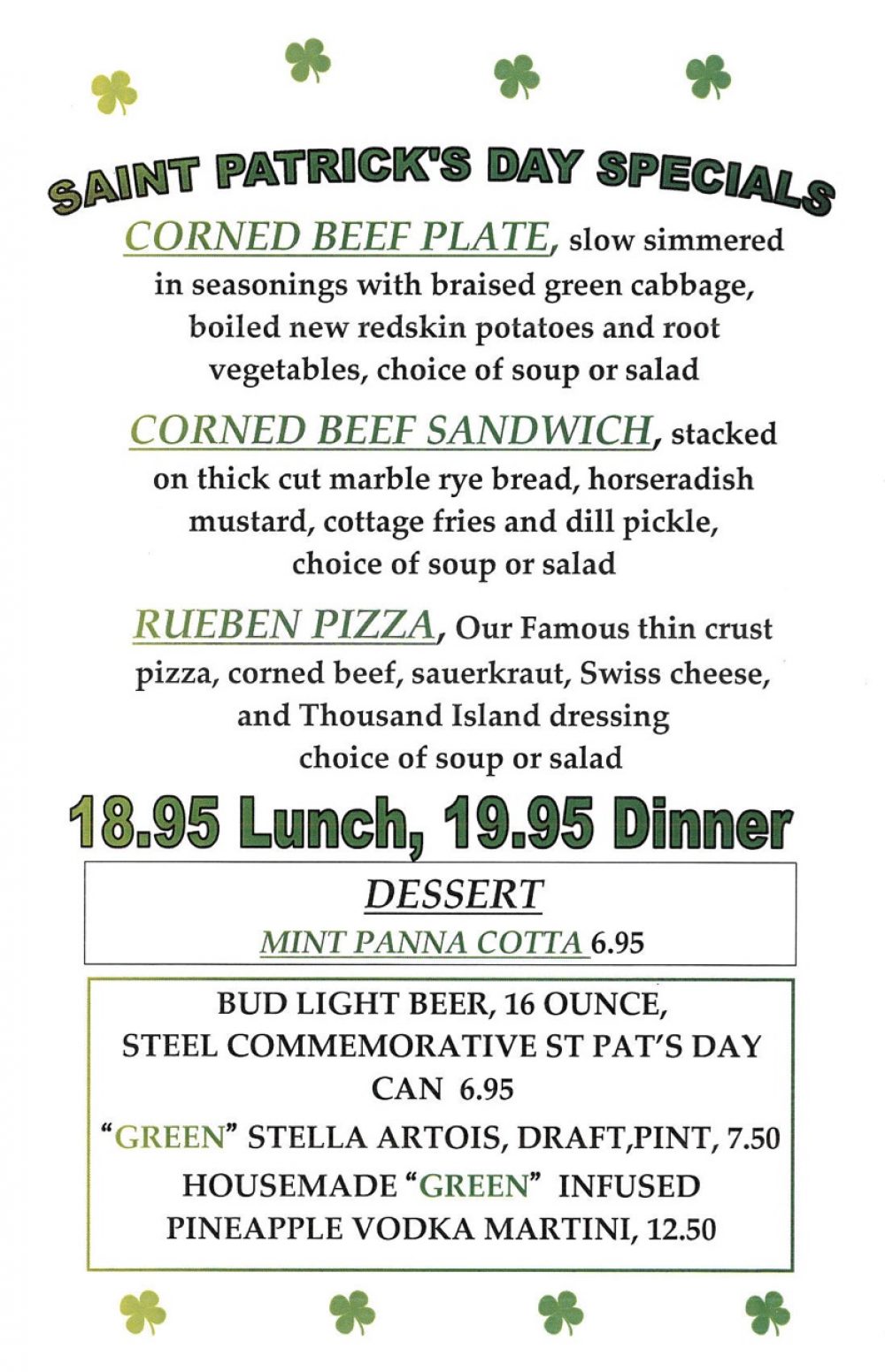 St Paddy Menu