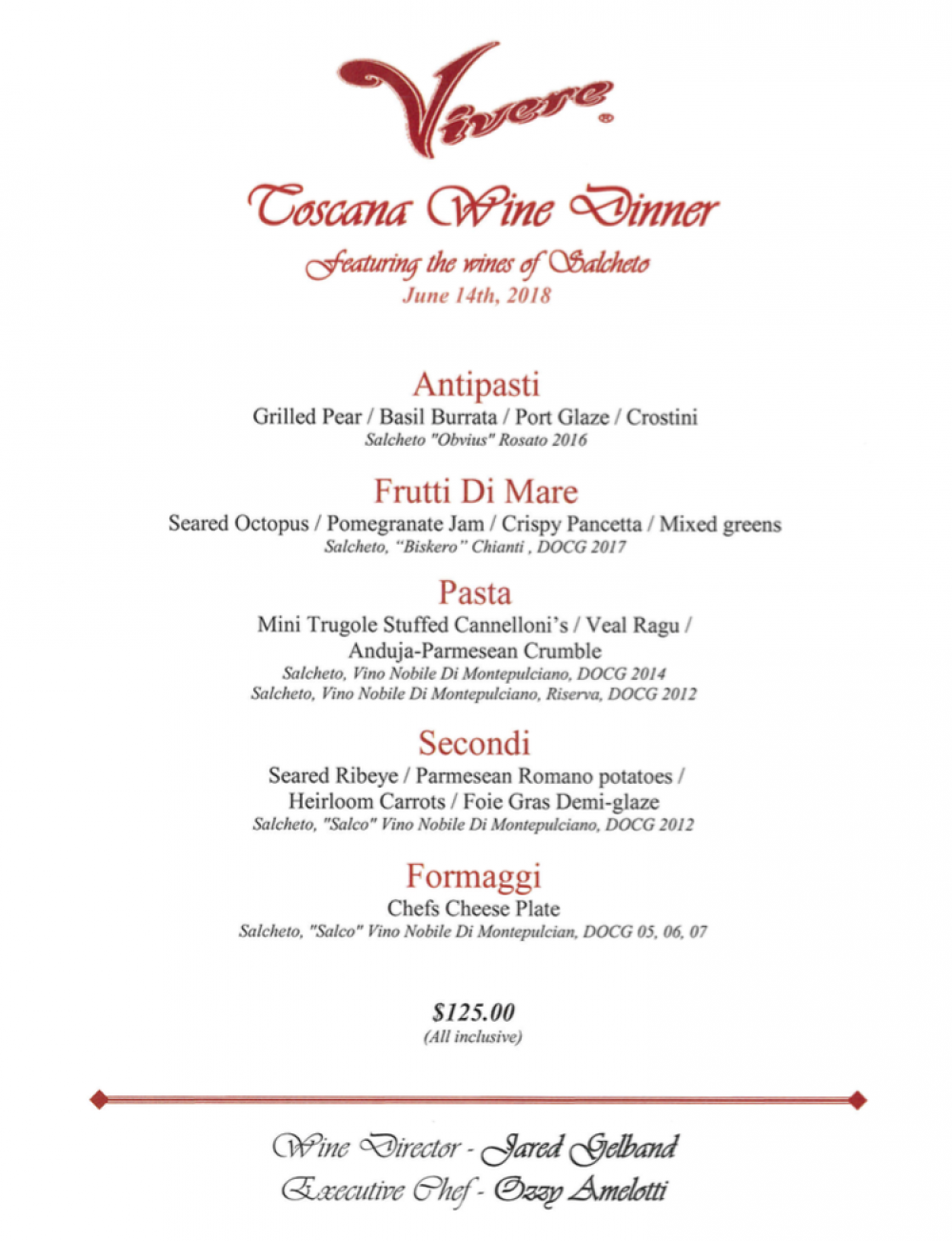 Toscana Wine Dinner Menu 