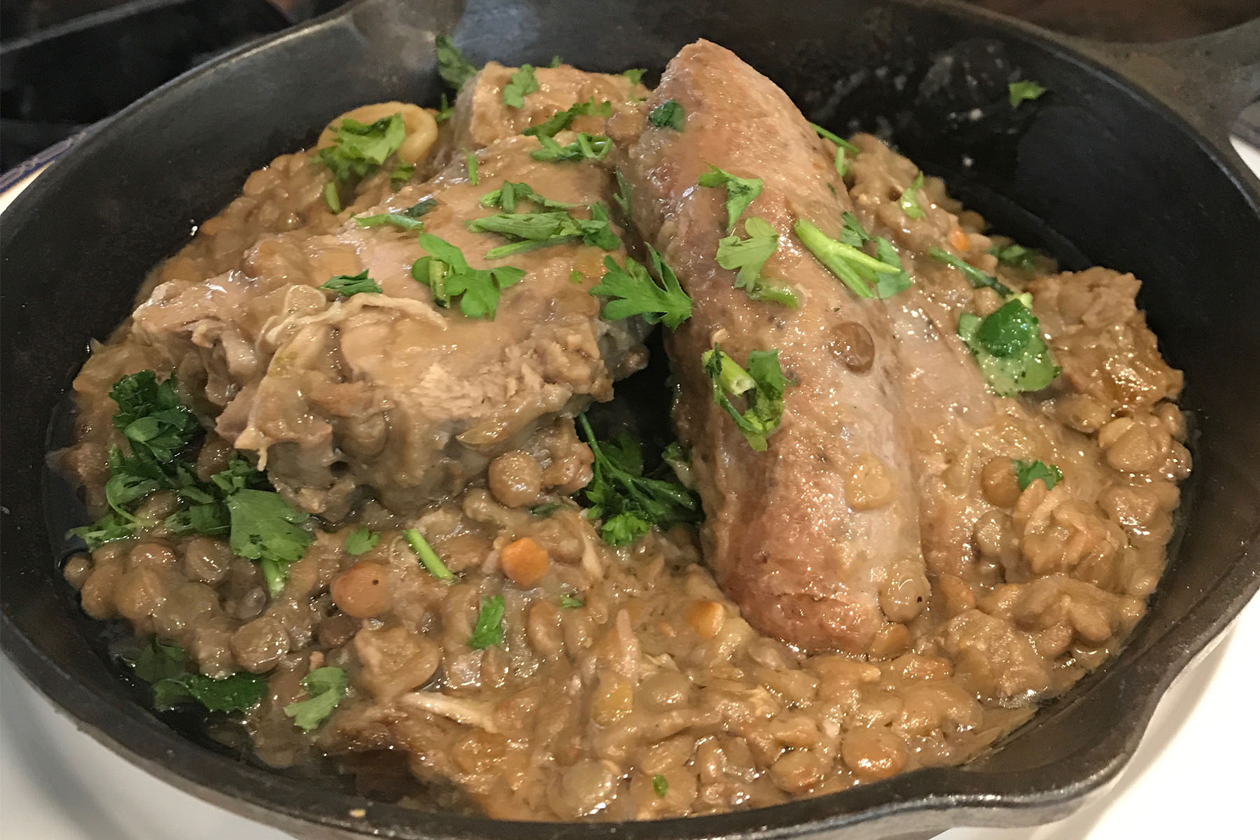 Chez Moi Oktoberfest 0000 Beer Braised Pork Belly Sausage With Green Lentil Ragout 1 for Beer Inspired Dishes for Oktoberfest at Chez Moi