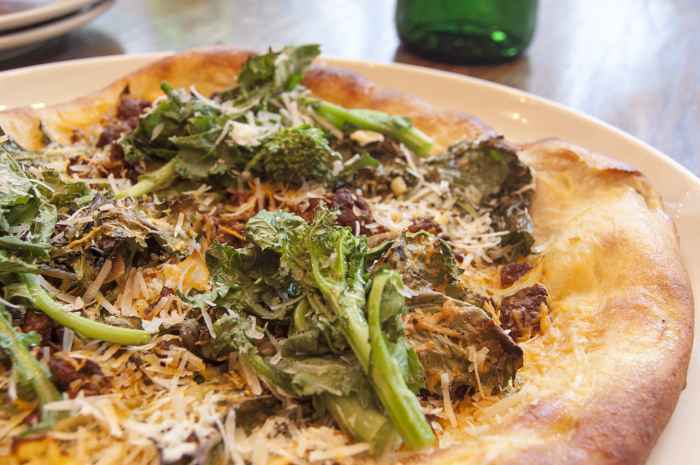 Housemade Spicy Lamb Sausage With Broccoli Rabe Leeks Garlic Oil Pecorino Crotonese 03 1 for National Pizza Month at Tesori