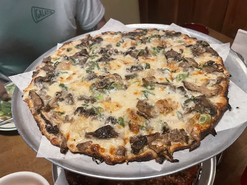 Hippy Flip, a vegetarian pizza topped with parmesan cream, roasted mushrooms, taleggio, mozzarella, lemon and green onion for Review: Dicey's Pizza & Tavern in Lincoln Park