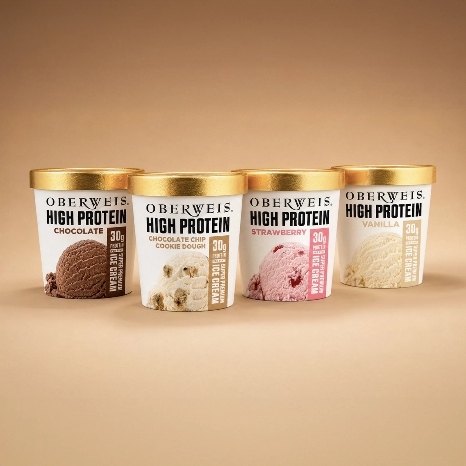 Pints of protein ice cream on tan background 1200x1200 for Oberweis to Launch First Ever High Protein Ice Cream