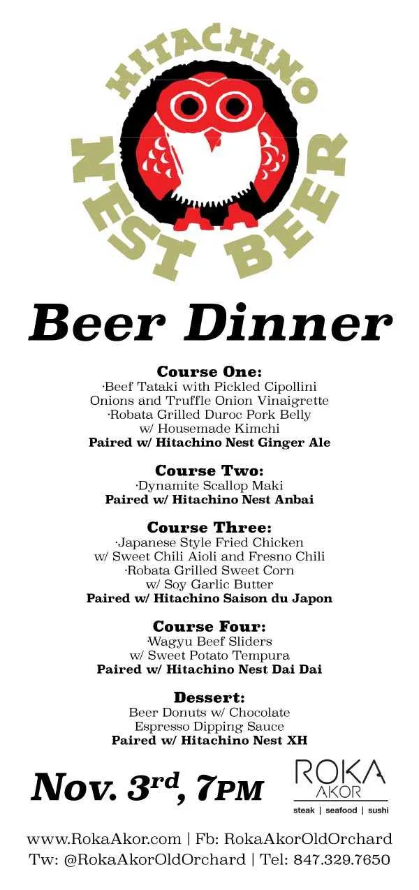 Beer Dinner Menu for Hitachino Nest Beer Dinner at Roka Akor Old Orchard
