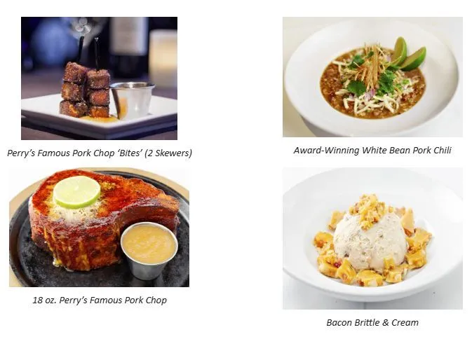 National Pork Chop Day Special, 4 course menu for $44 at all three Chicago Perry's locations.
