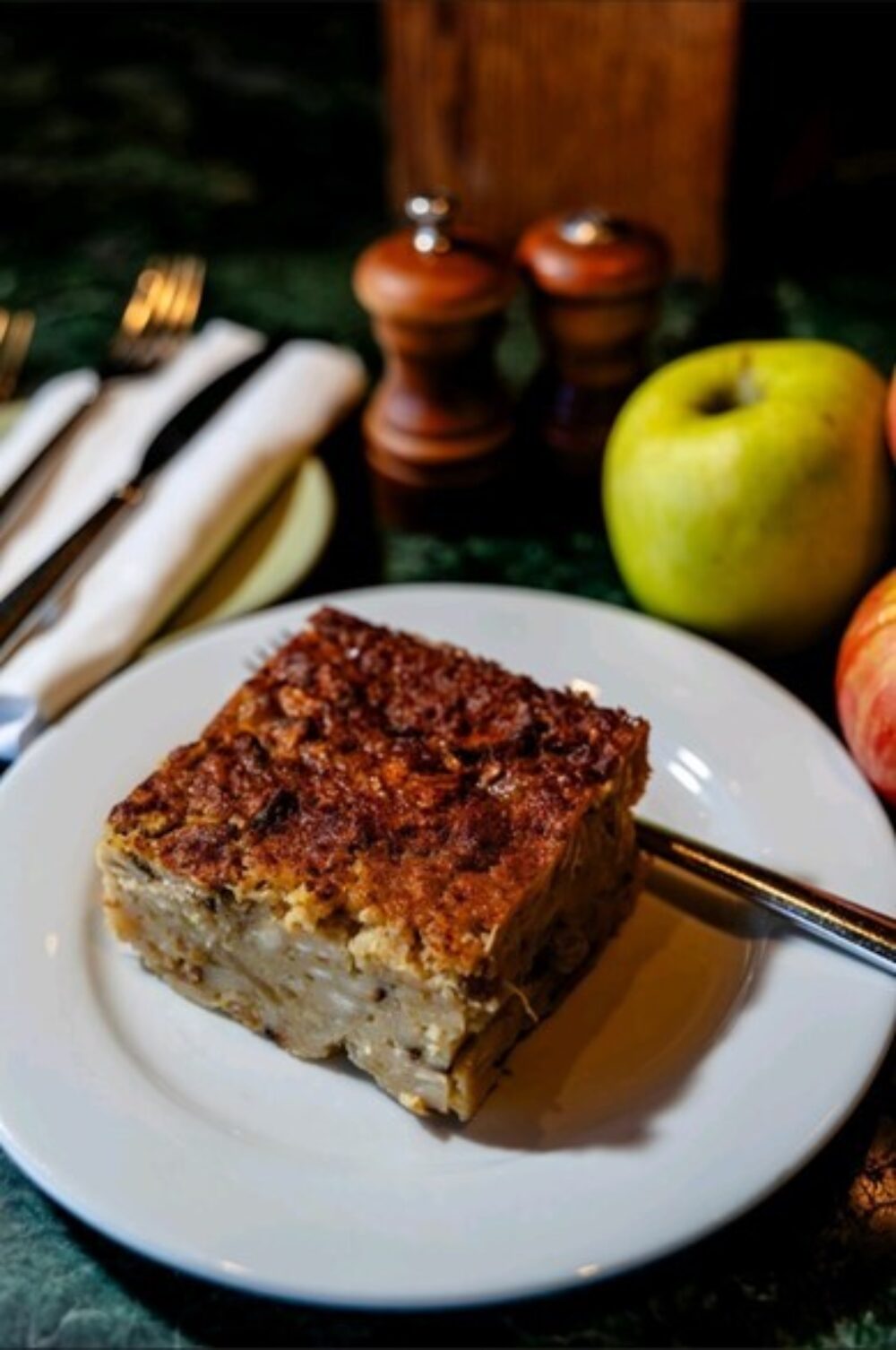 The Prairie Grass Cafe Apple Kugel is made from a recipe of the grandmother of Chef Sarah’s very good friend, Eda Davidman Photo credit: Dario Durham