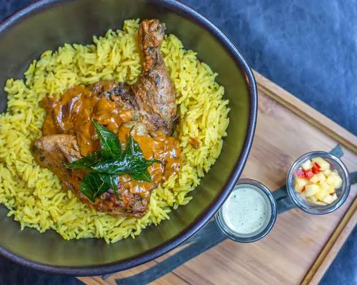 Awadhi Saffron Cornish Hen Tehri for Herb and Spice Christmas Feast at Vermilion