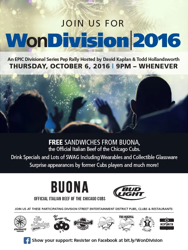 Cubs Pep Rally Email 1 for Divisional Playoff Pep Rally On Division Street on October 6
