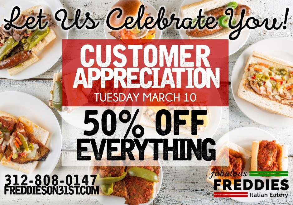 Gazette Advertisement Cust Appre 940X658 for Fabulous Freddie’s Celebrates their Customers with 50% off the Entire Menu, 3/10