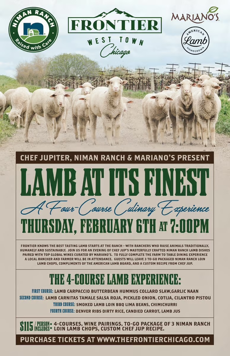 Lamb Dinner for Frontier Chicago Hosting Lamb Centric Dinner February 6th Featuring Chef Brian Jupiter and Niman Ranch