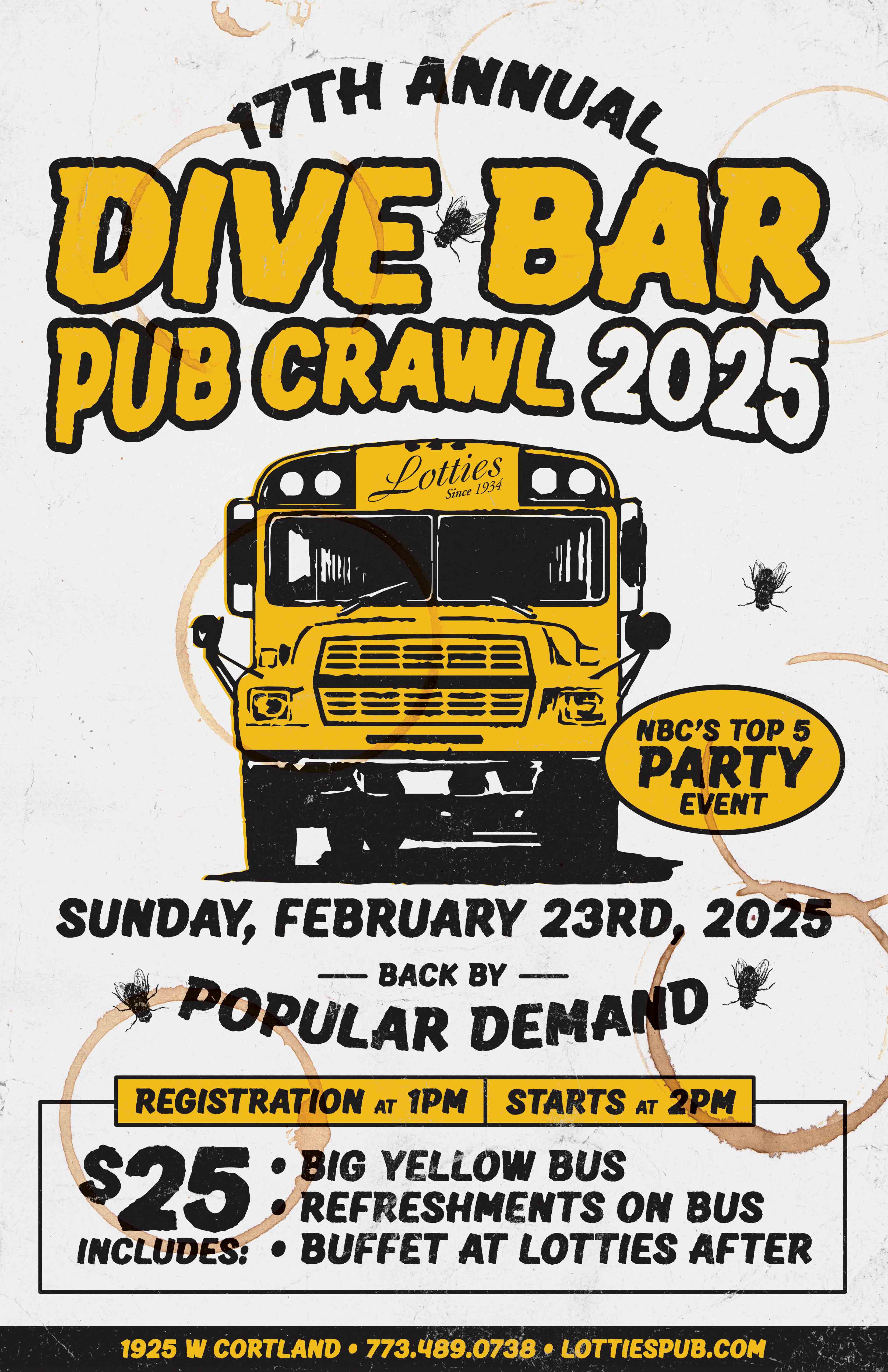 Lotties Dive Bar Pub Crawl 2025 for Lottie’s Pub 17th Annual Dive Bar Pub Crawl, February 23rd