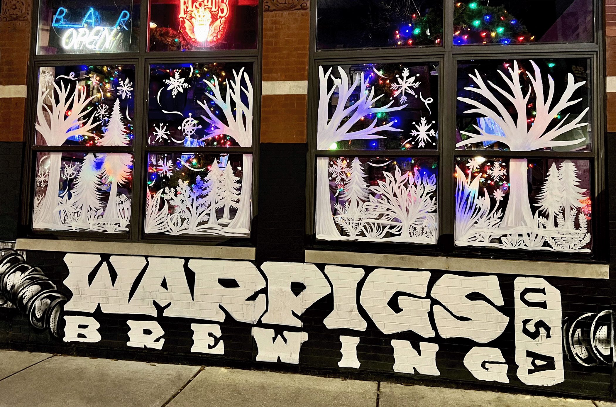 Macs Holiday Facade 2023 for New Year’s Eve 2024 at Mac’s Wood Grilled