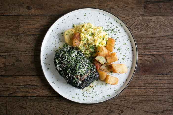 Malted Hanger Steak with Provolone Scrambled Eggs and Breakfast Potatoes for Chicago Craft Beer Week at Forbidden Root
