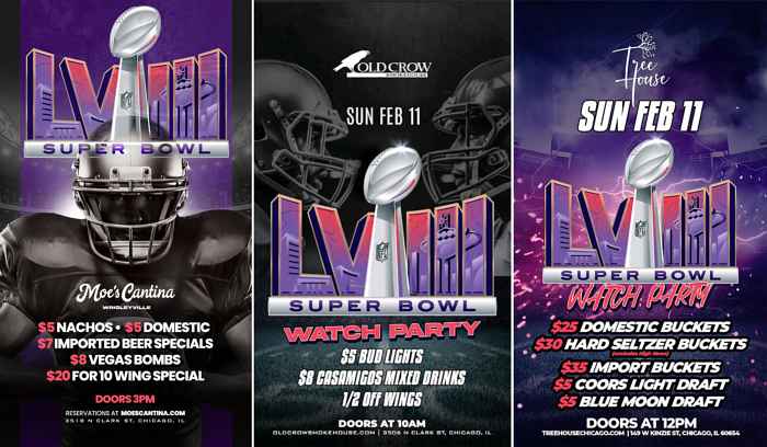 Moes Old Crow Tree House Super Bowl Graphic Edited 1 for Super Bowl Watch Parties at Moe's Cantina Wrigleyville, Old Crow Smokehouse, and Tree House Chicago