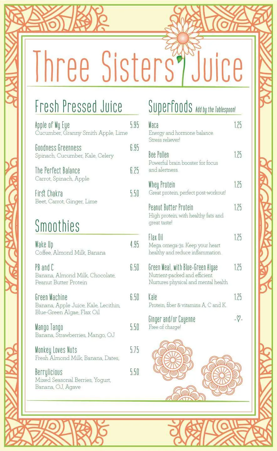 Three Sisters Menu for Three Sisters Juice Opens in Evanston