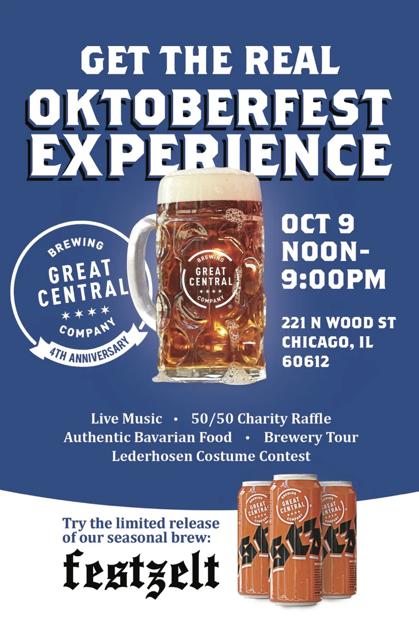 Flyer courtesy of Great Central Brewing Company for Oktoberfest Events Across Chicago