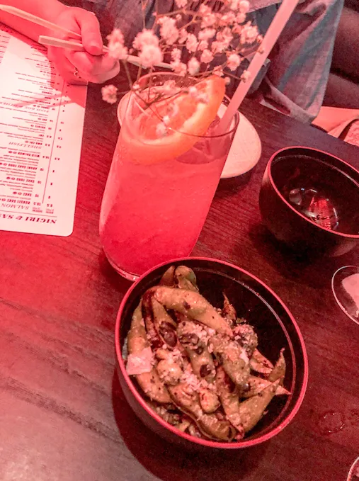 The Charred Edamame and China Doll cocktail for Into the Blue (Sushi Sake Grill)