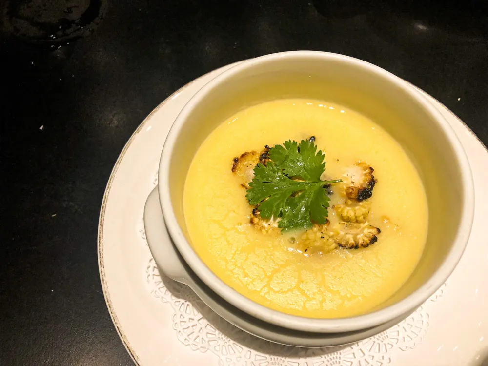 Warm Corn Chowder available for a limited time only! for Taking a Spin Around France (and the Bar!) at Francois Frankie