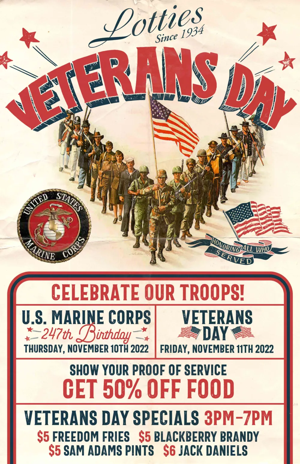Flyer courtesy of Lottie's Pub for Veterans Day Offerings from Chicago Restaurants and Bars