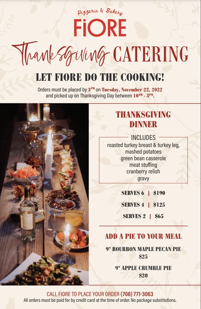 Flyer courtesy of Fiore Pizzeria and Bakery for Where to Feast in Chicago this Thanksgiving