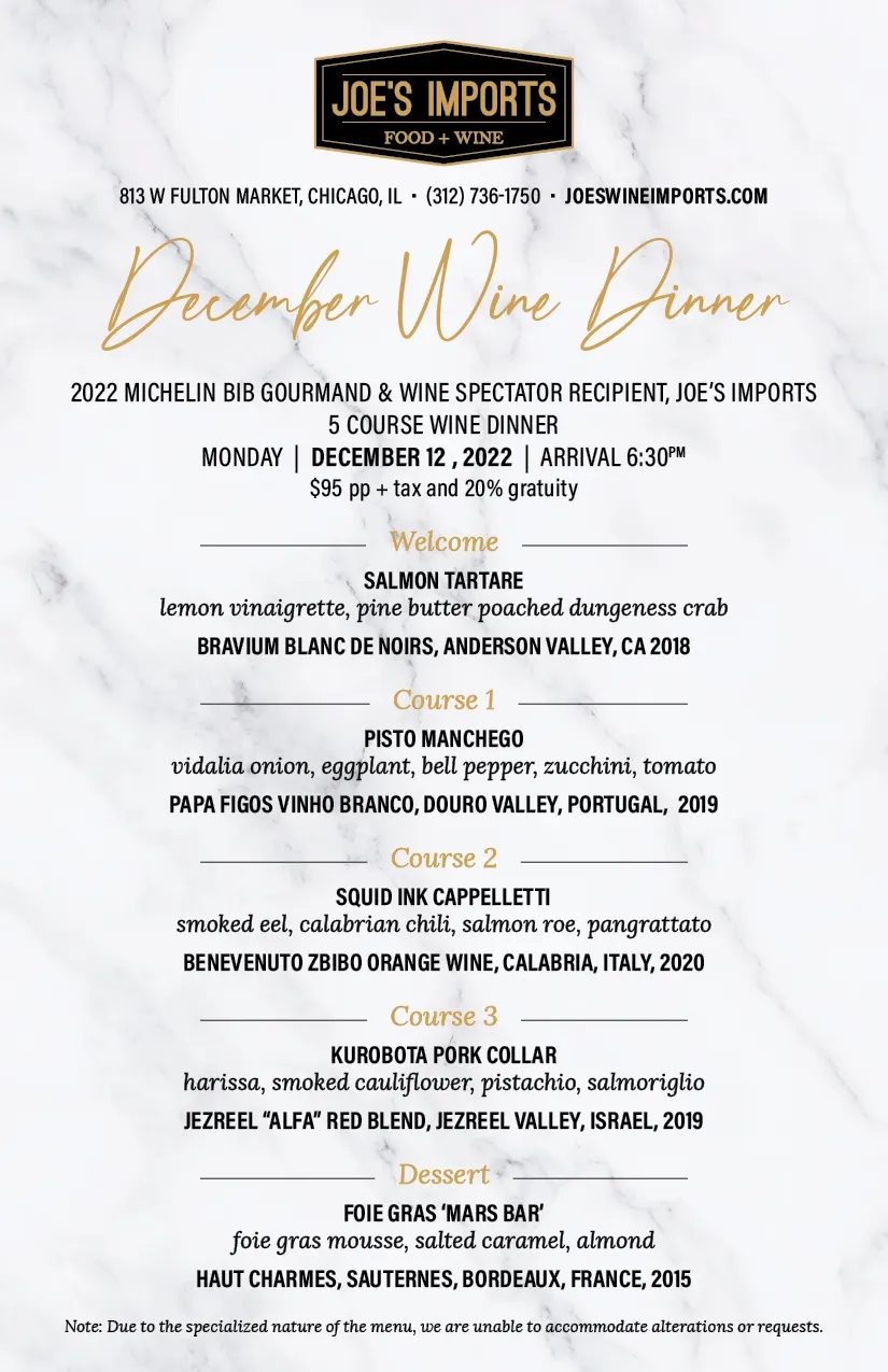 Flyer courtesy of Joe's Imports for Joe's Imports Hosting Wine Dinner January 23rd