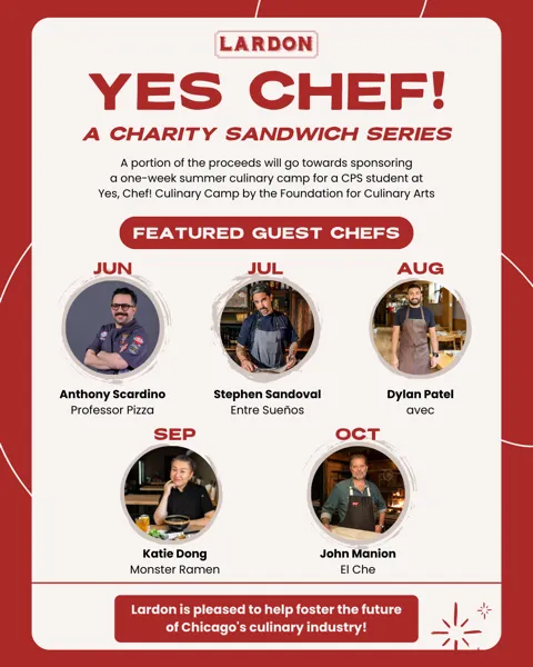 Yes Chef Flyer Final for New Chef Line Up & Summer Sandos for Lardon’s 2023 Yes, Chef! Charity Sandwich Series