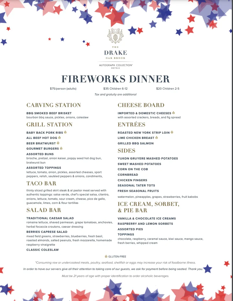 Menu courtesy of The Drake Oak Brook for Happy Birthday America! 4th of July Celebrations In and Around Chicago