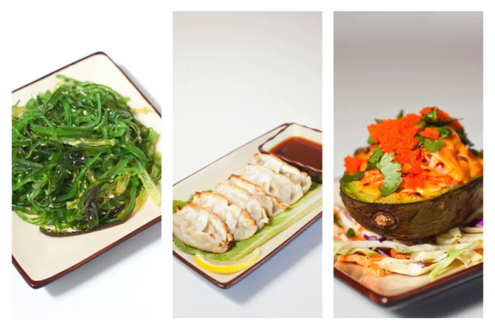 Seaweed Salad, Dumplings and Krab Avocado: Three of several appetizers How Do You Roll? offers for Rolling Out the Sushi at How Do You Roll?