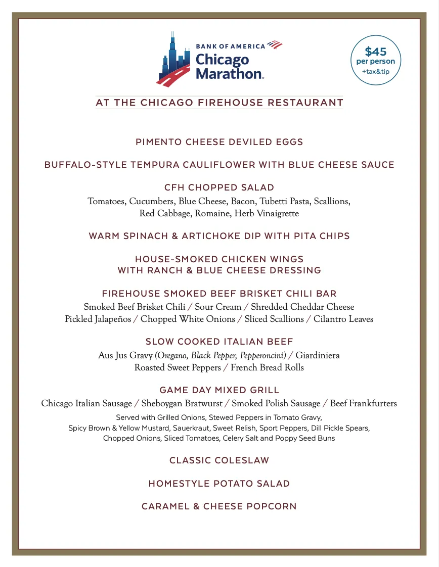 Menu courtesy of The Chicago Firehouse Restaurant for Where to Dine During the 2023 Chicago Marathon