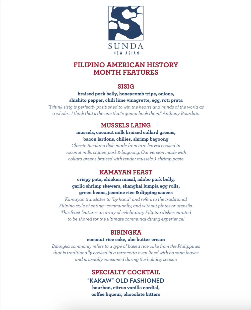 Menu courtesy of Sunda New Asian for CFM Asks: Billy Dec for Filipino American Heritage Month in October
