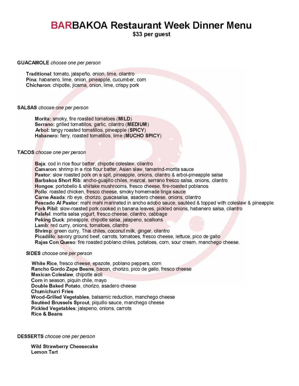 Restaurant Week menu 1 for Chicago Restaurant Week at Barbakoa