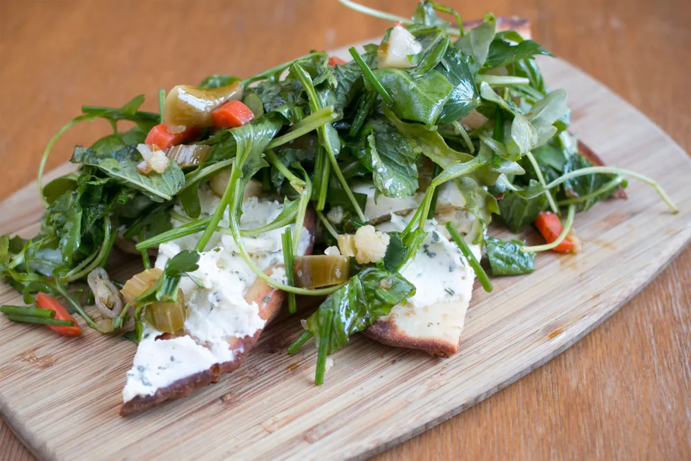 Le Roule Cheese Flatbread with Giardiniera and Herb Salad. Photo credit: Lindsey Becker for Ada Street Turns It Up to 11 for Chicago Restaurant Week