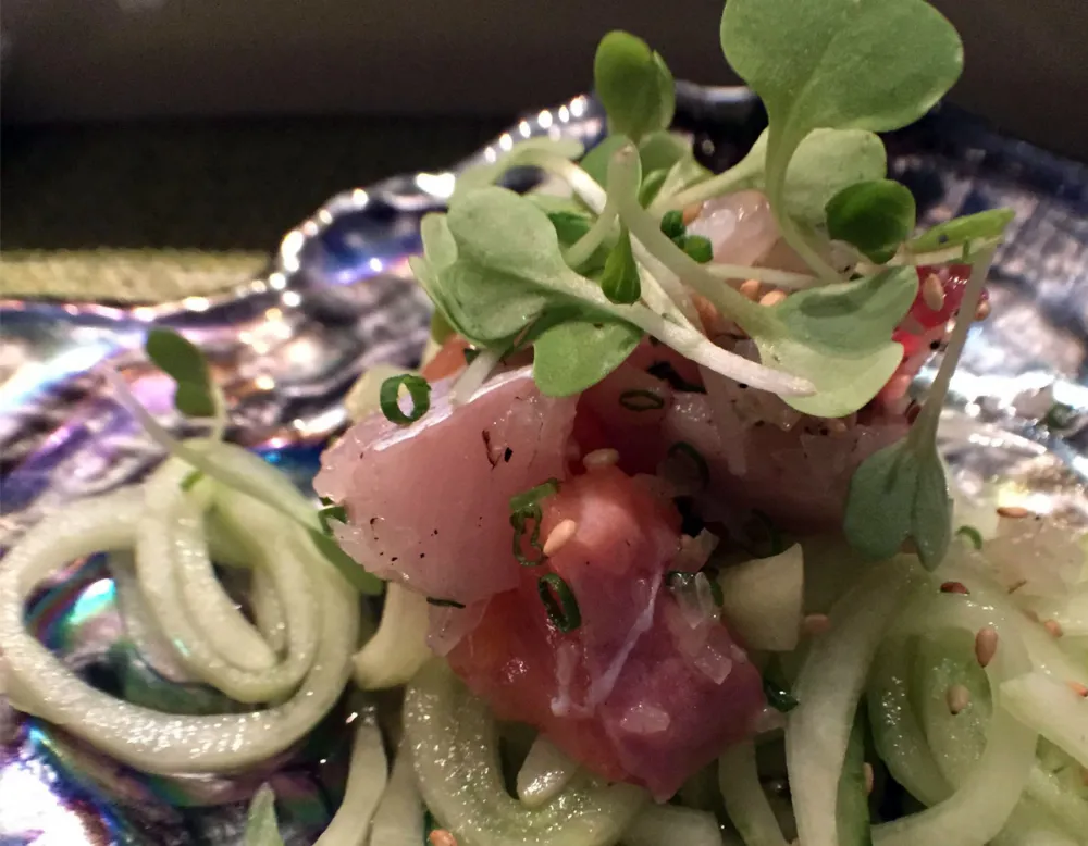 Fresh tuna on a bed of cucumber for Macku Sushi Offers Instagram Worthy Presentations in an Intimate Environment