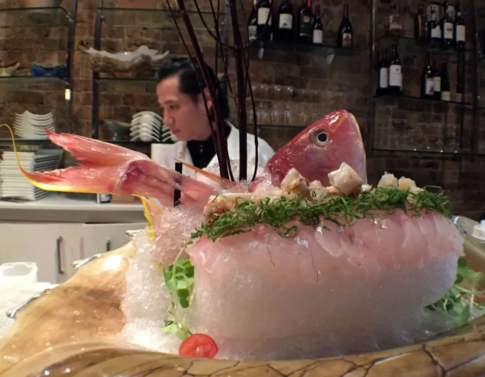 Itoyoridai: Twisting Thread Snapper with sweet and spicy fried skin and pickled onions for Macku Sushi Offers Instagram Worthy Presentations in an Intimate Environment